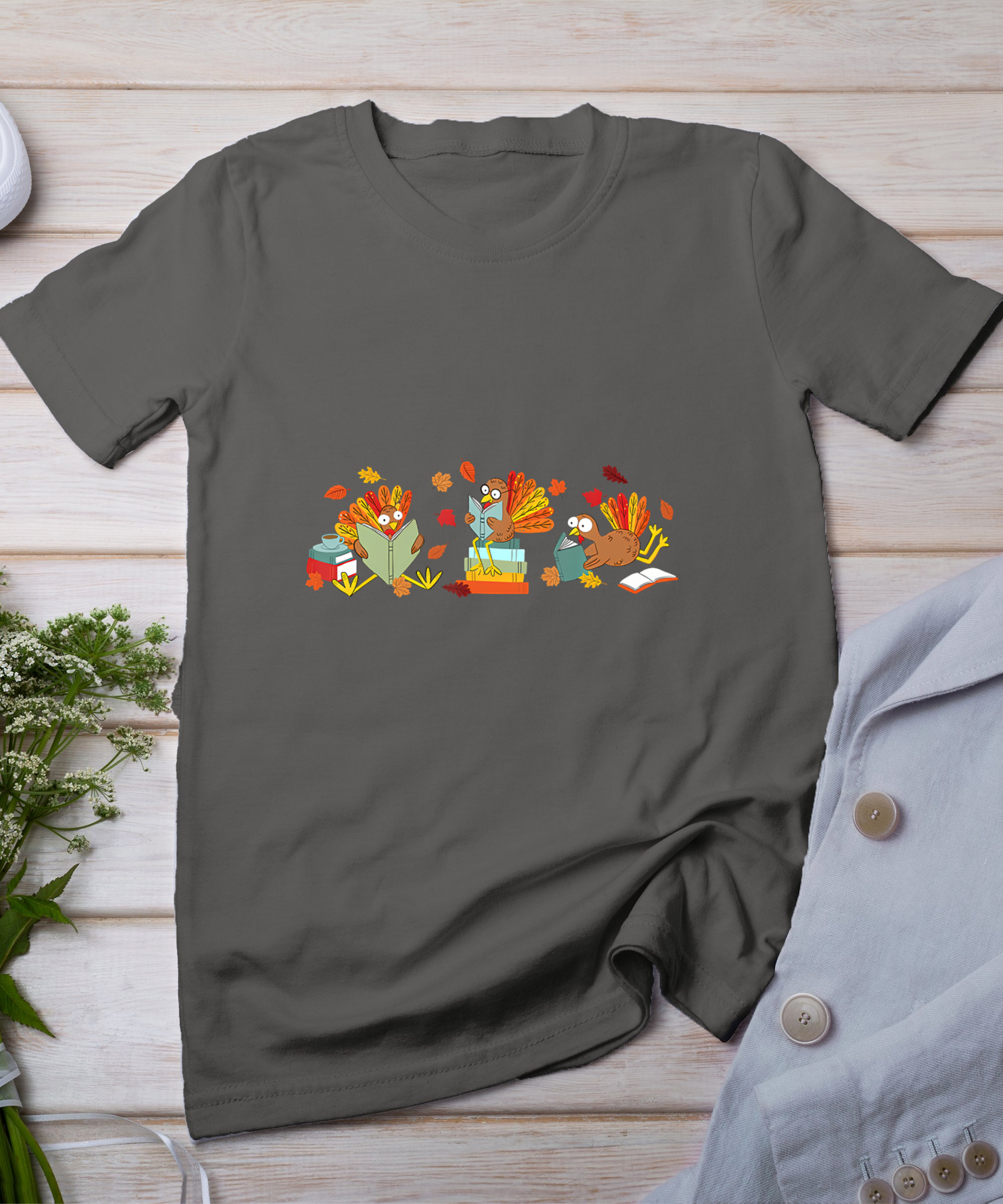 Turkey Reading Books Fall Thanksgiving Teacher Book Lovers T-Shirt