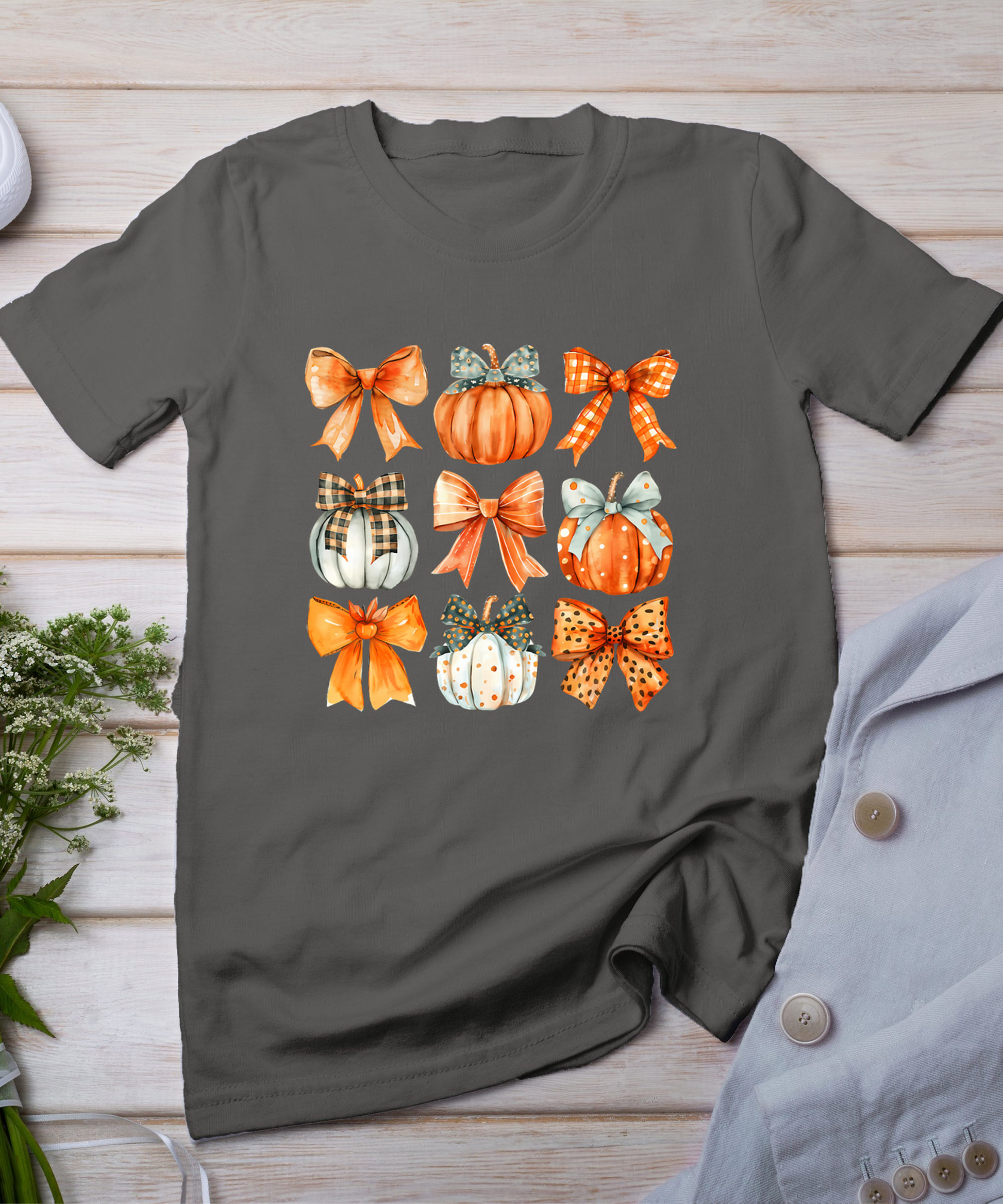 Coquette Bow Pumpkin Season Thanksgiving Autumn Fall Leaves T-Shirt