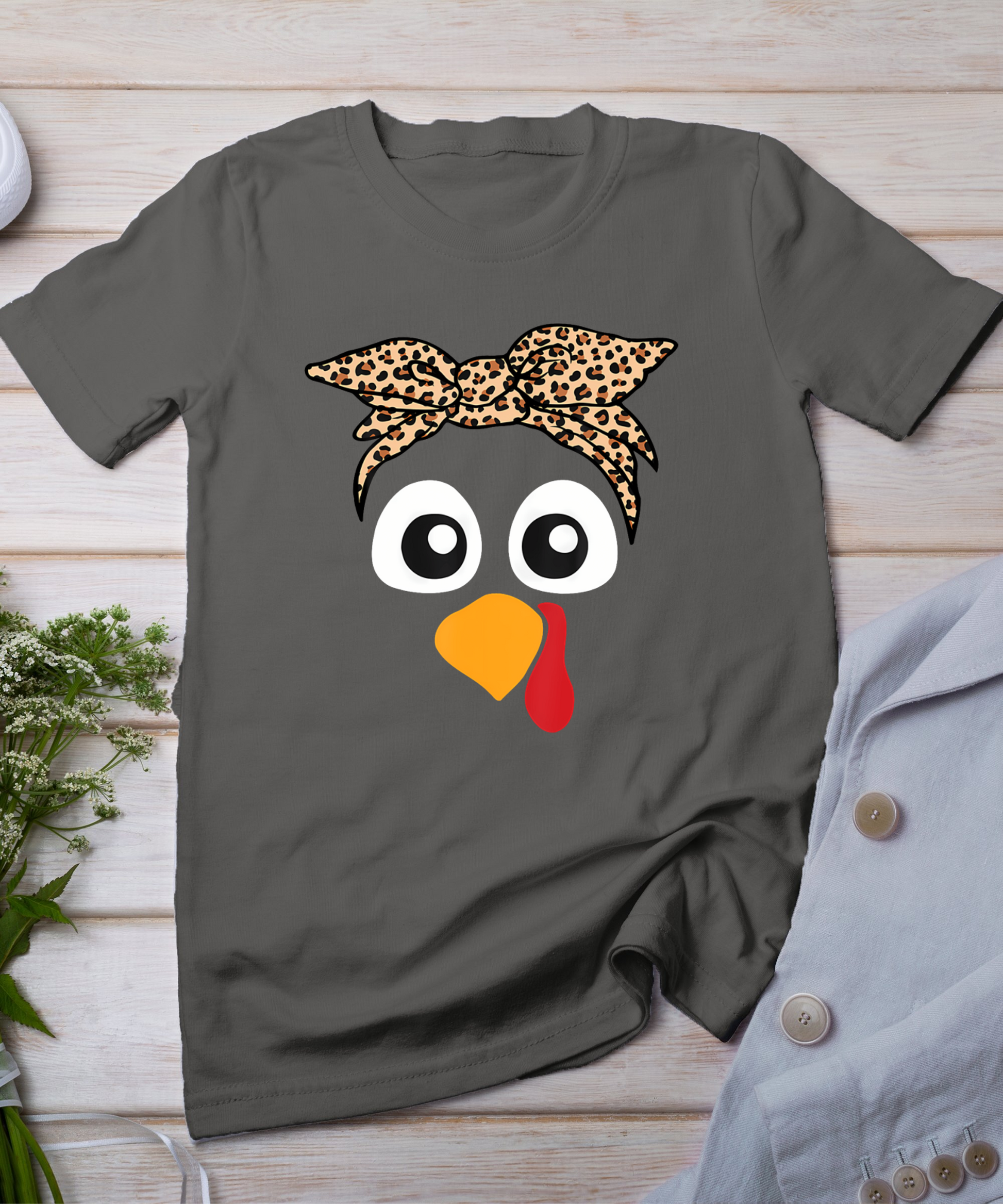 Turkey Face Leopard Headband Womens Thanksgiving Pilgrim T-Shirt