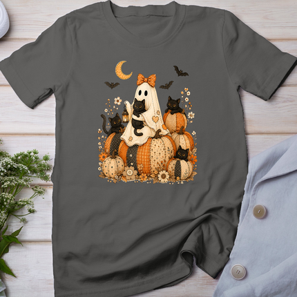 Cute Halloween Ghost Black Cat Pumpkin Patchwork Cat Mom T-Shirt