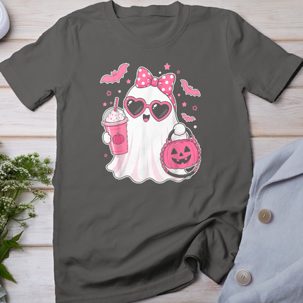 Pink Halloween Ghost Pumpkin Coffee Spooky Women Girls T-Shirt
