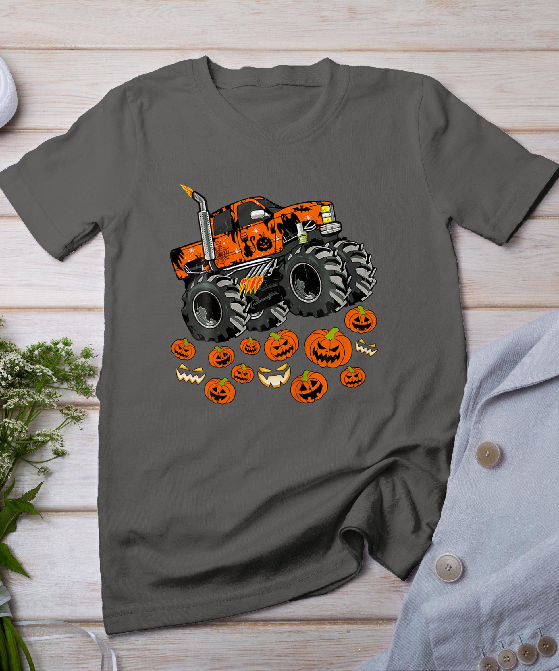 Kids Monster Truck Pumpkin Jack O Lantern Halloween Boy Toddler T-Shirt