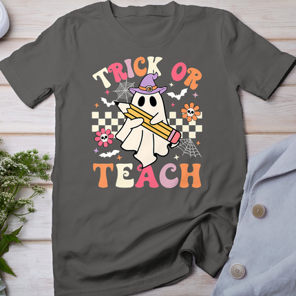 Trick Or Teach Groovy Teacher Halloween Retro Floral Ghost T-Shirt