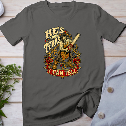 Hes from Texas I Can Tell Horror Skeleton Cowboy Halloween T-Shirt