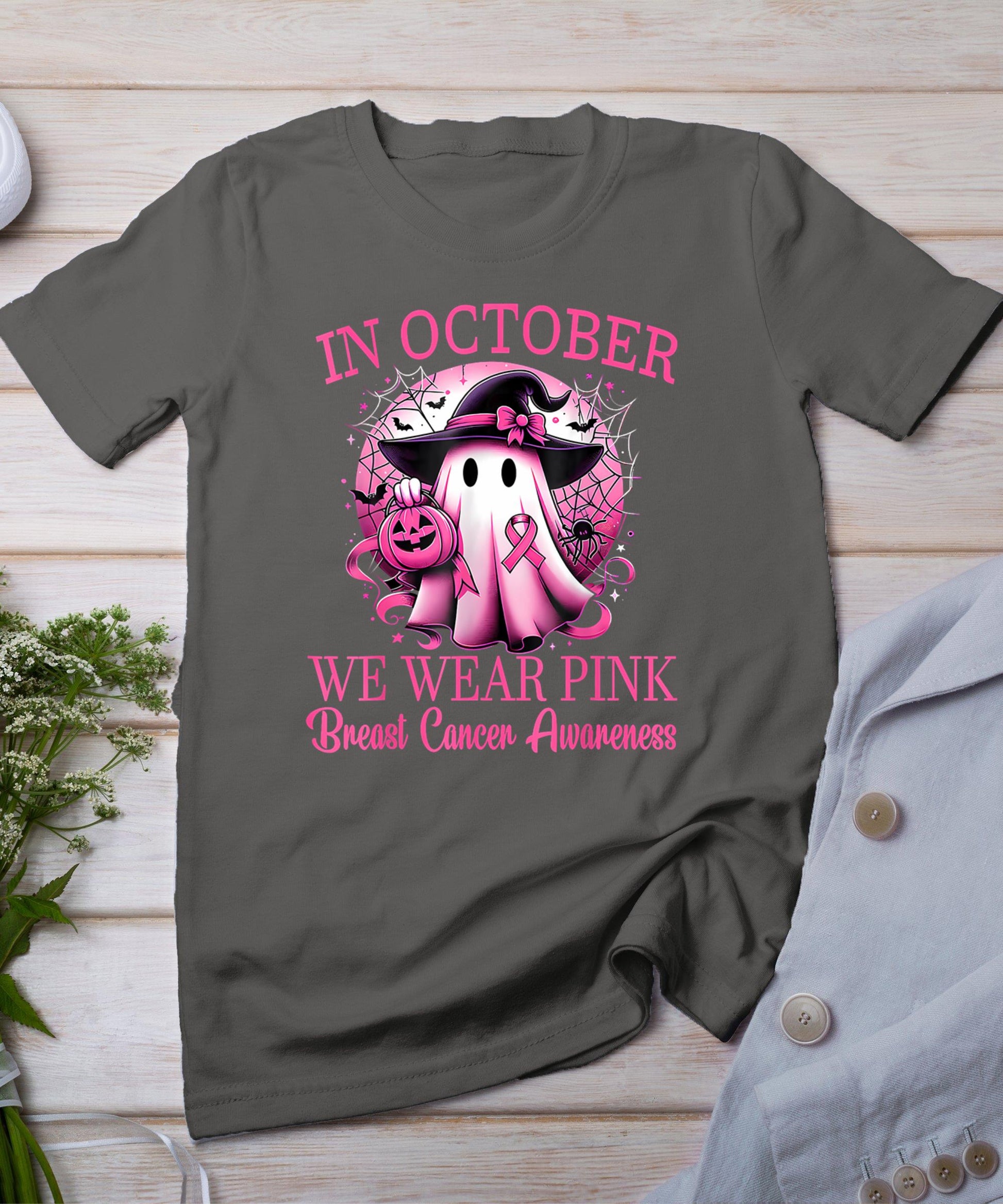 In October We Wear Pink Ghost Witch Breast Cancer Awareness T-Shirt