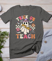 Trick Or Teach Groovy Teacher Halloween Retro Floral Ghost T-Shirt