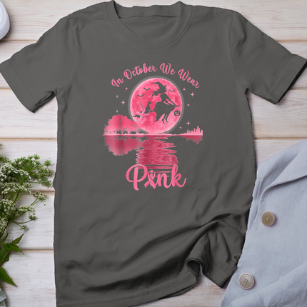in October We Wear Pink Witch Breast Cancer Halloween T-Shirt