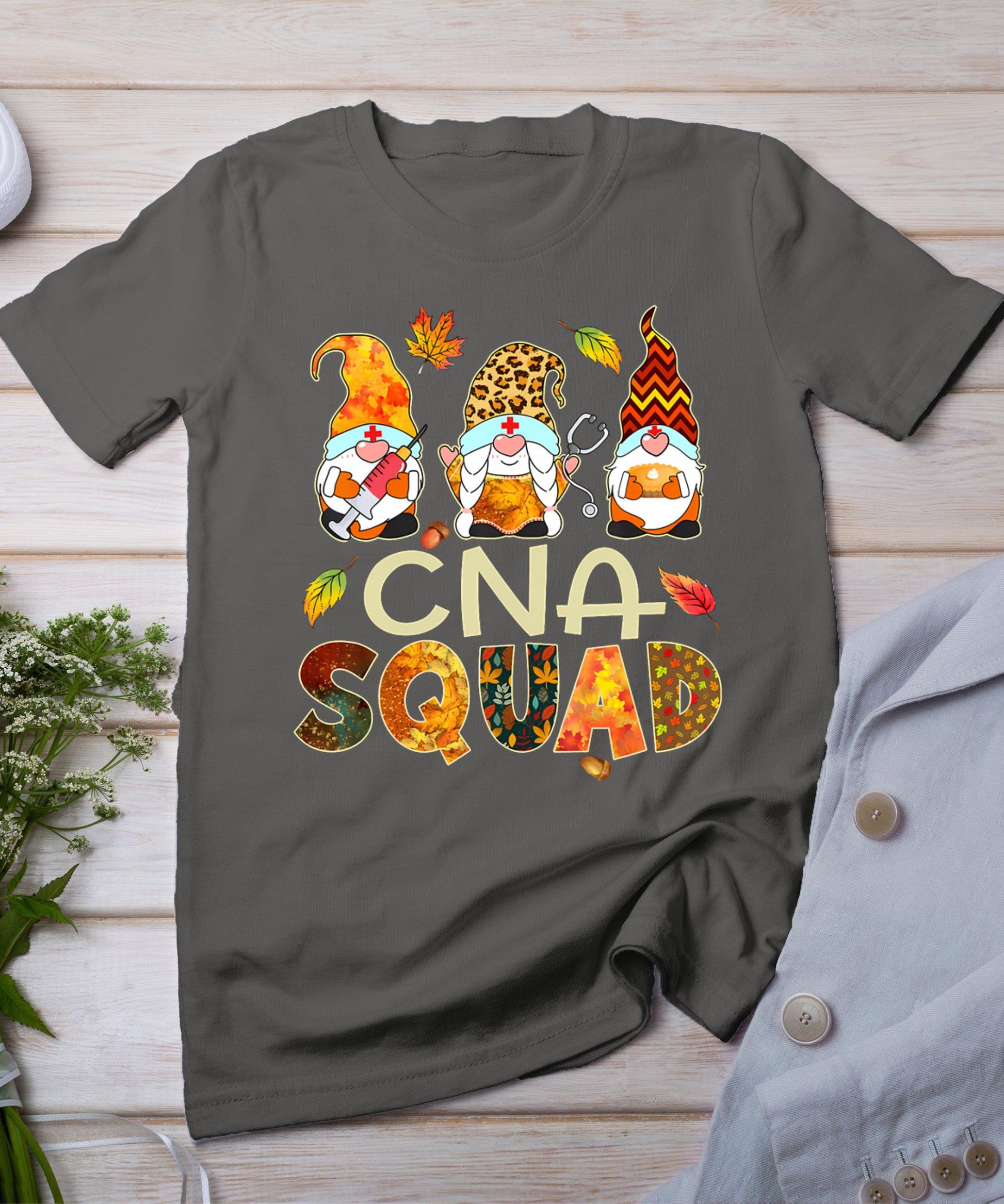 Cna Squad Gnome Nurse Leopard Thanksgiving Fall Stethoscope T-Shirt