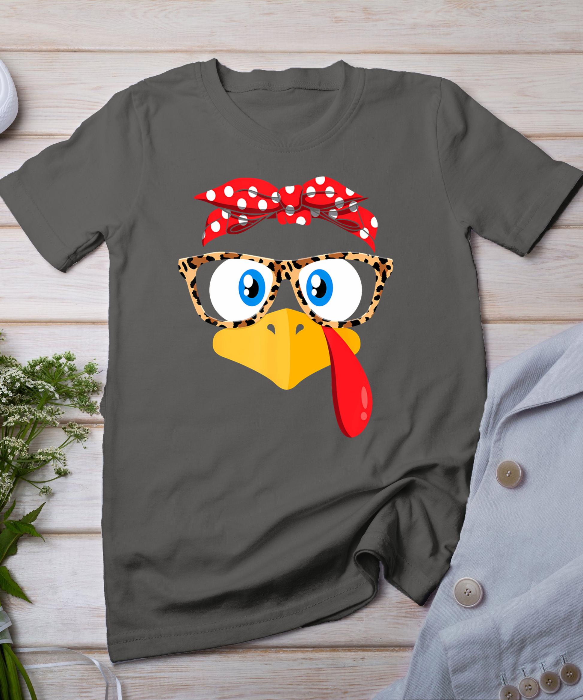 Thanksgiving Turkey Face Leopard Print Glasses Women Girls T-Shirt