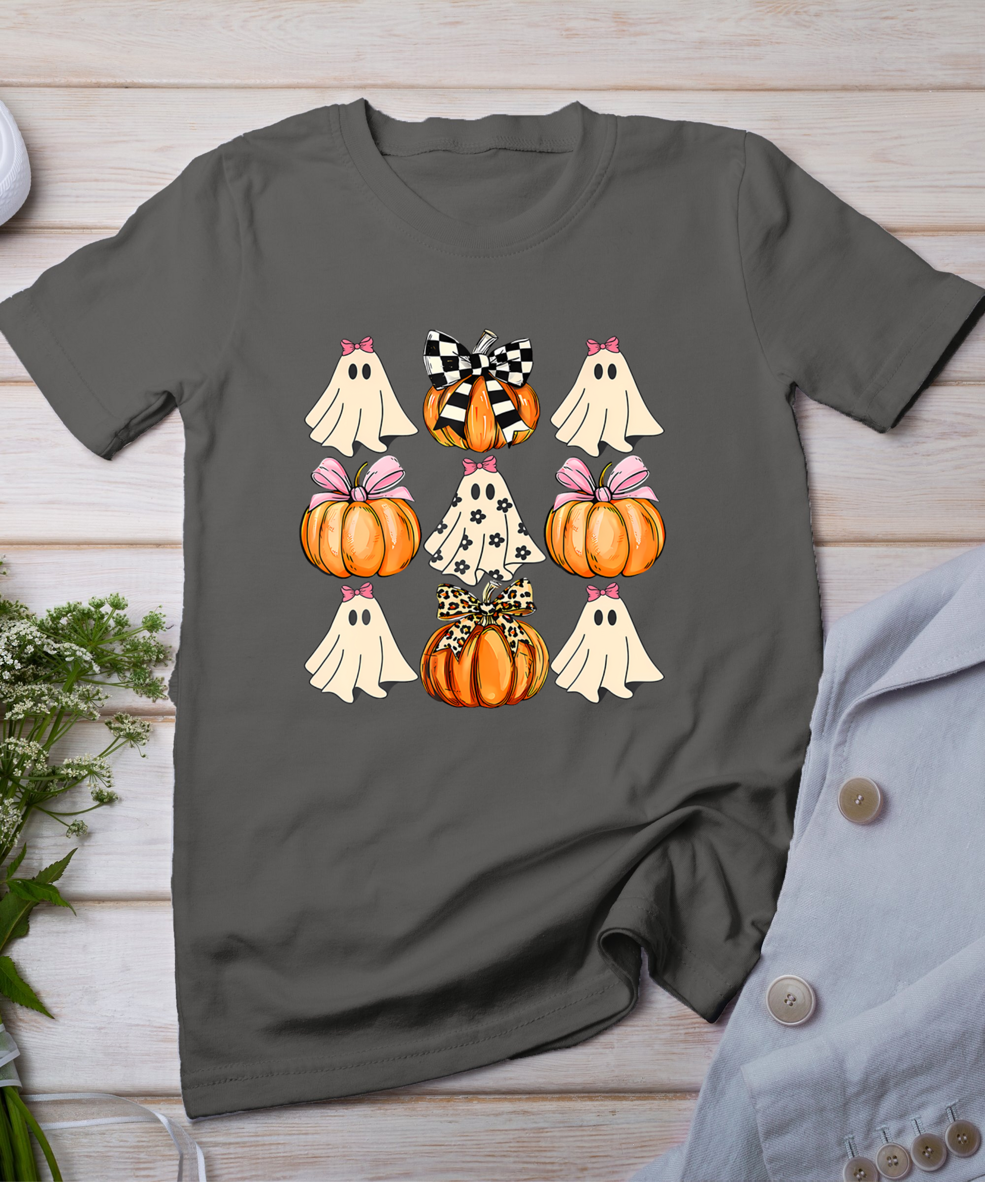 Cute Coquette Bows Ghost Pumpkin Season Halloween Autumn T-Shirt