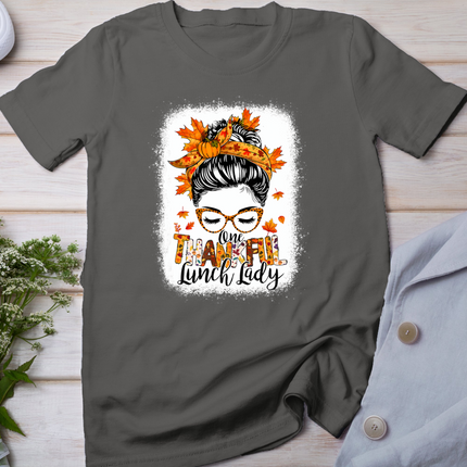 One Thankful Lunch Lady Messy Bun Thanksgiving Lunch Lady T-Shirt