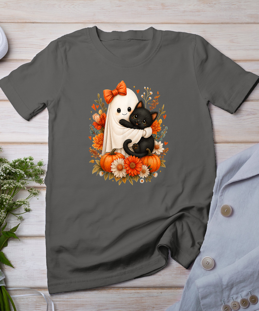 Halloween Cute Ghost Cat Pumpkin Floral Bow Girl Women T-Shirt