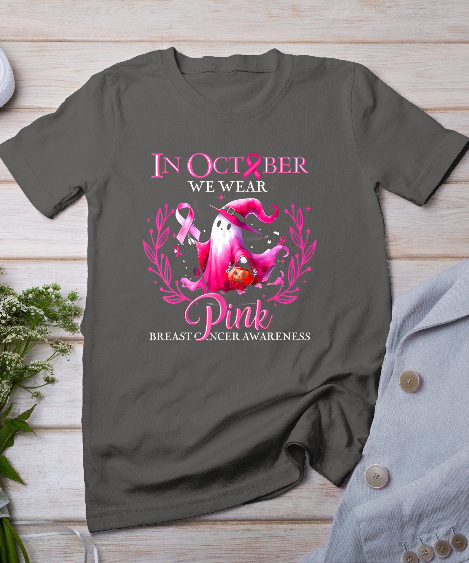 In October We Wear Pink Ghost Witch Breast Cancer Awareness T-Shirt