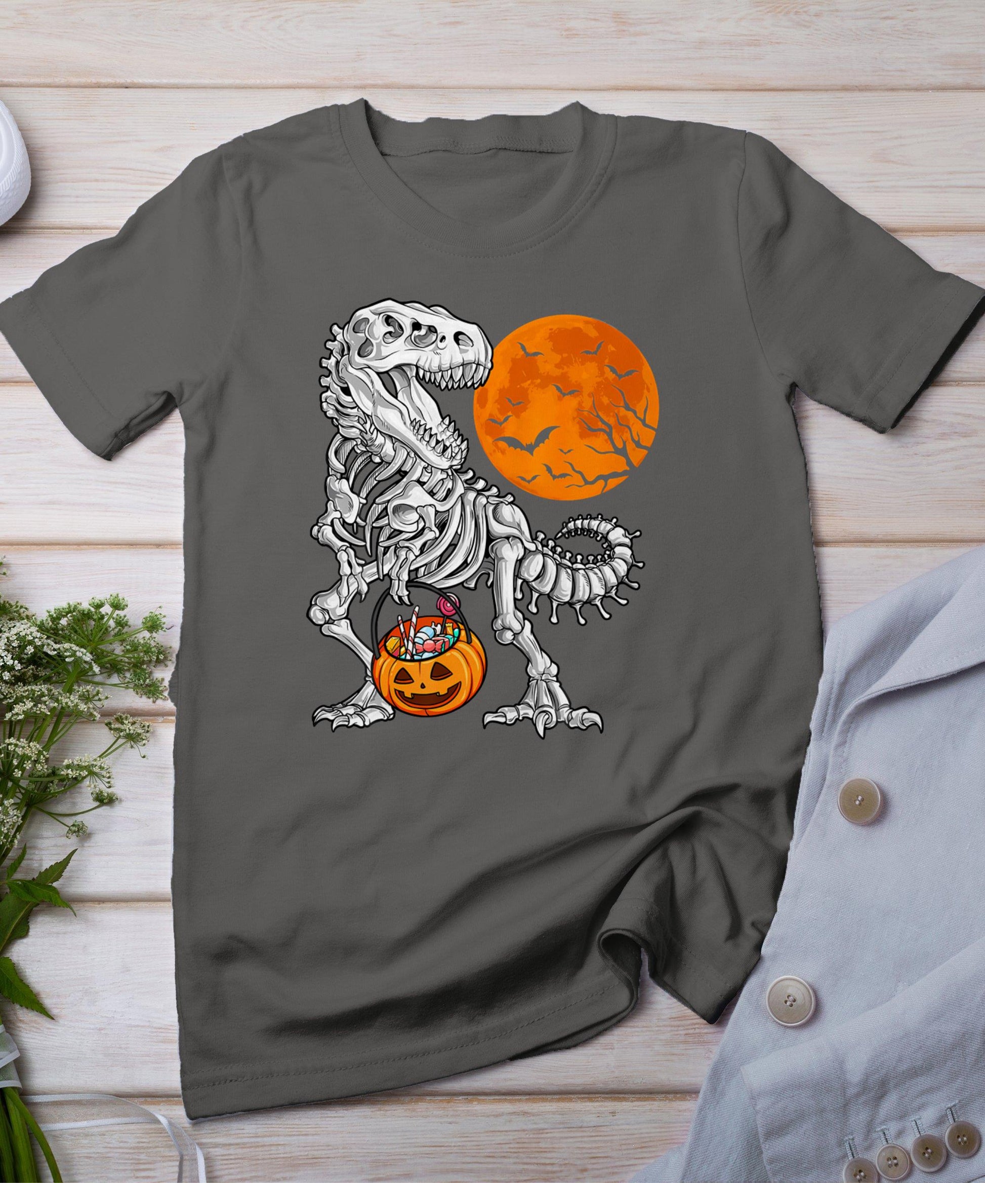 Halloween Dinosaur Skeleton T Rex Scary Pumpkin Moon T-Shirt