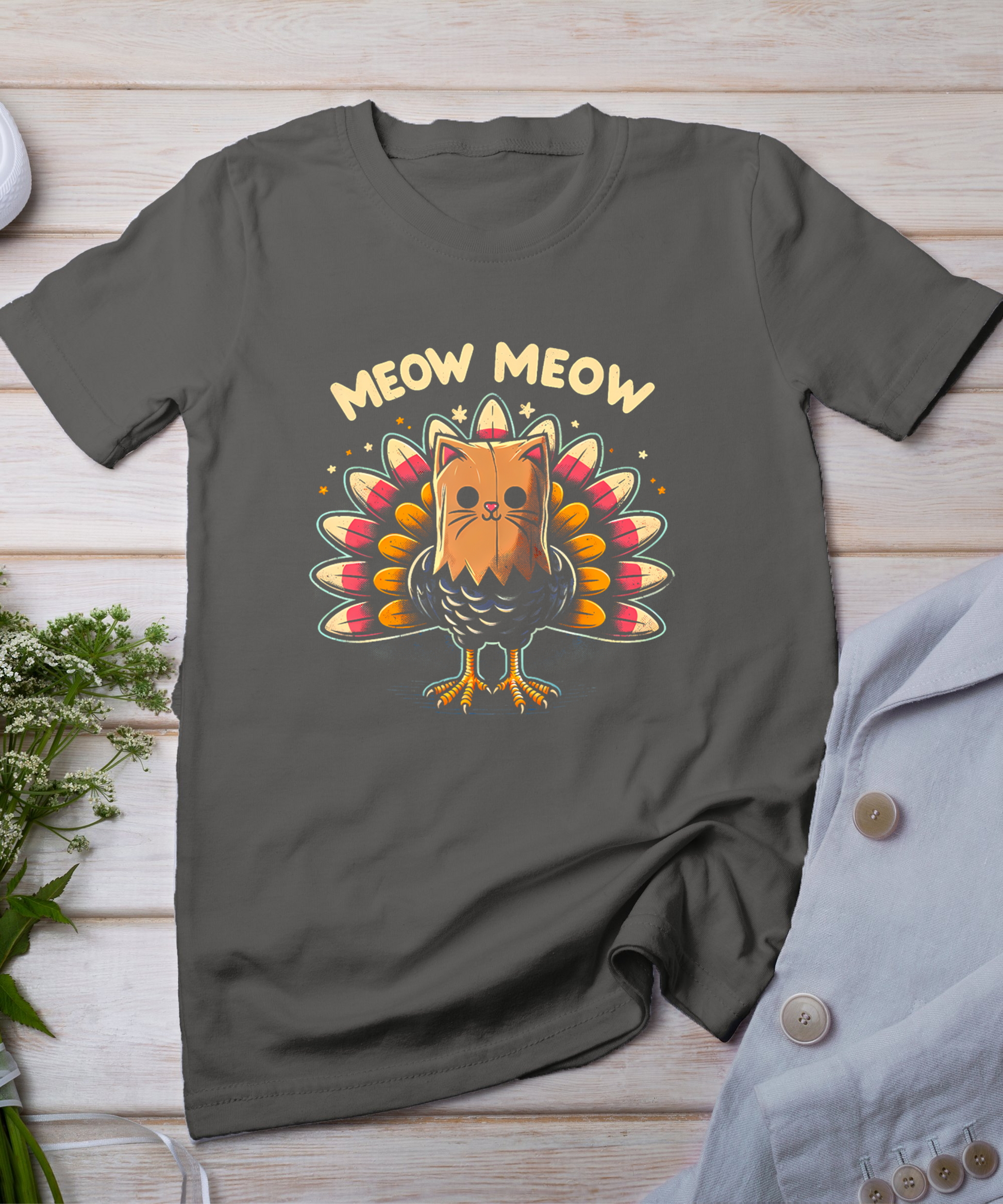 Funny Thanksgiving Shirt For Men Women Kids Meow Cat Turkey T-Shirt