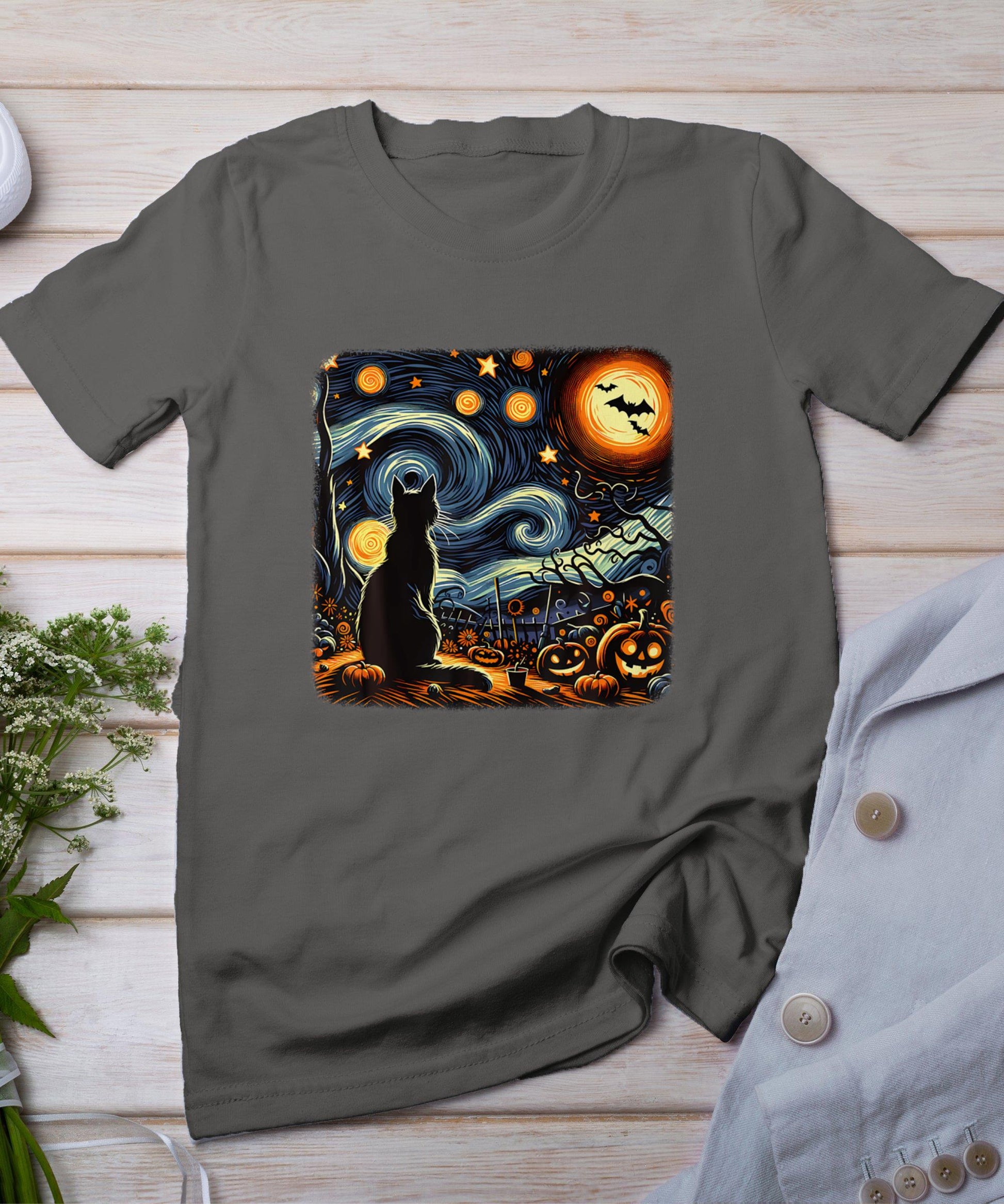 Halloween Van Gogh Starry Night Black Cat Pumpkins Bats T-Shirt