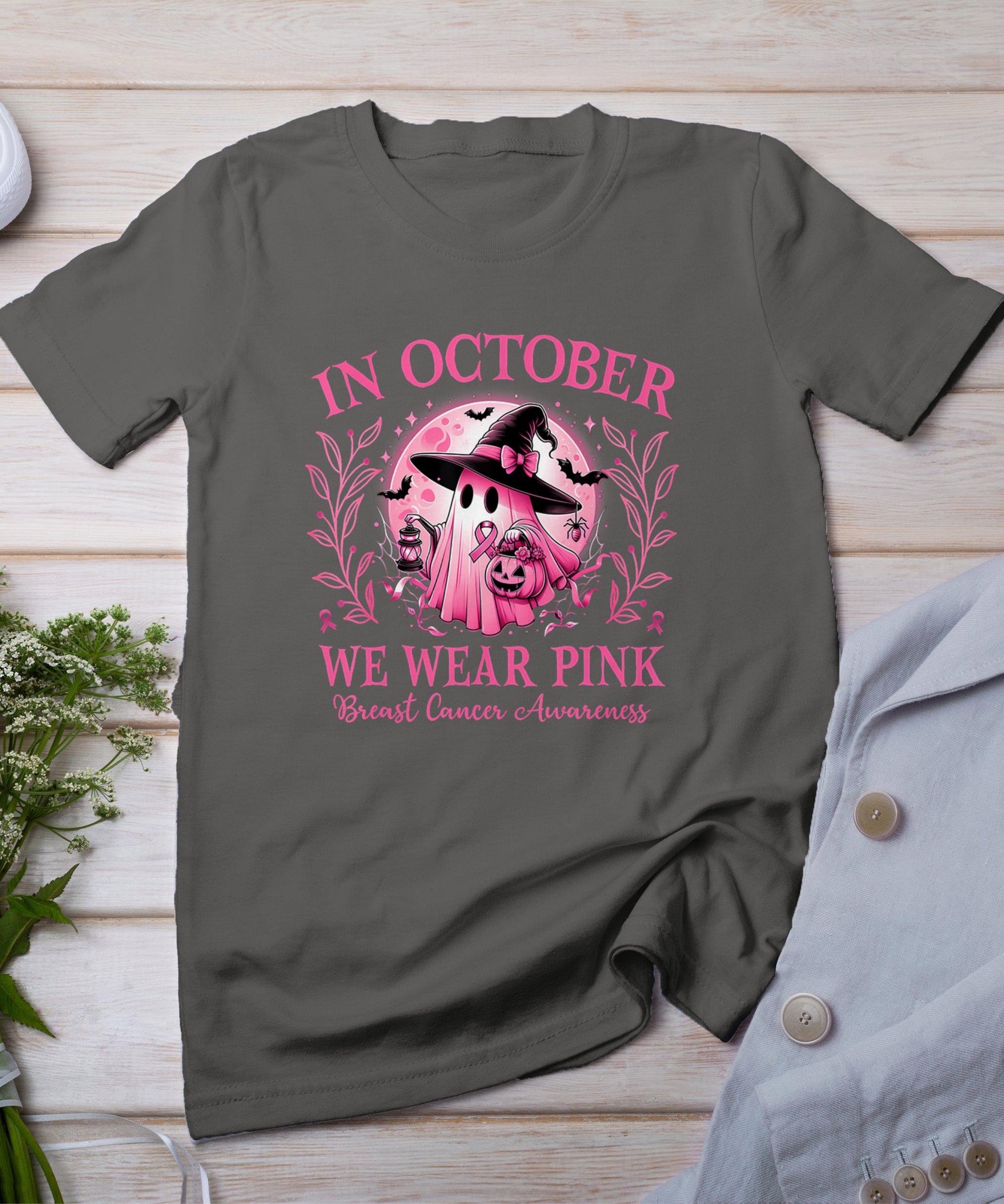 October We Wear Pink Breast Cancer Awareness Halloween Ghost T-Shirt