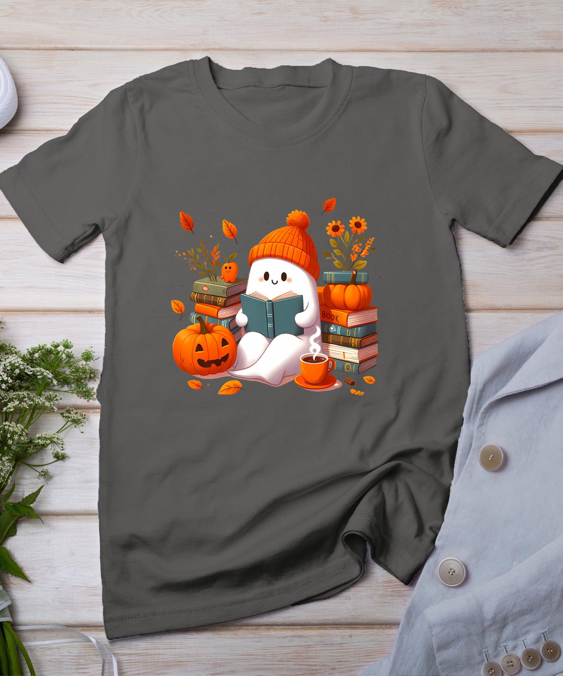 Cute Ghost Book Reading Halloween Books Lover Teacher Kids T-Shirt