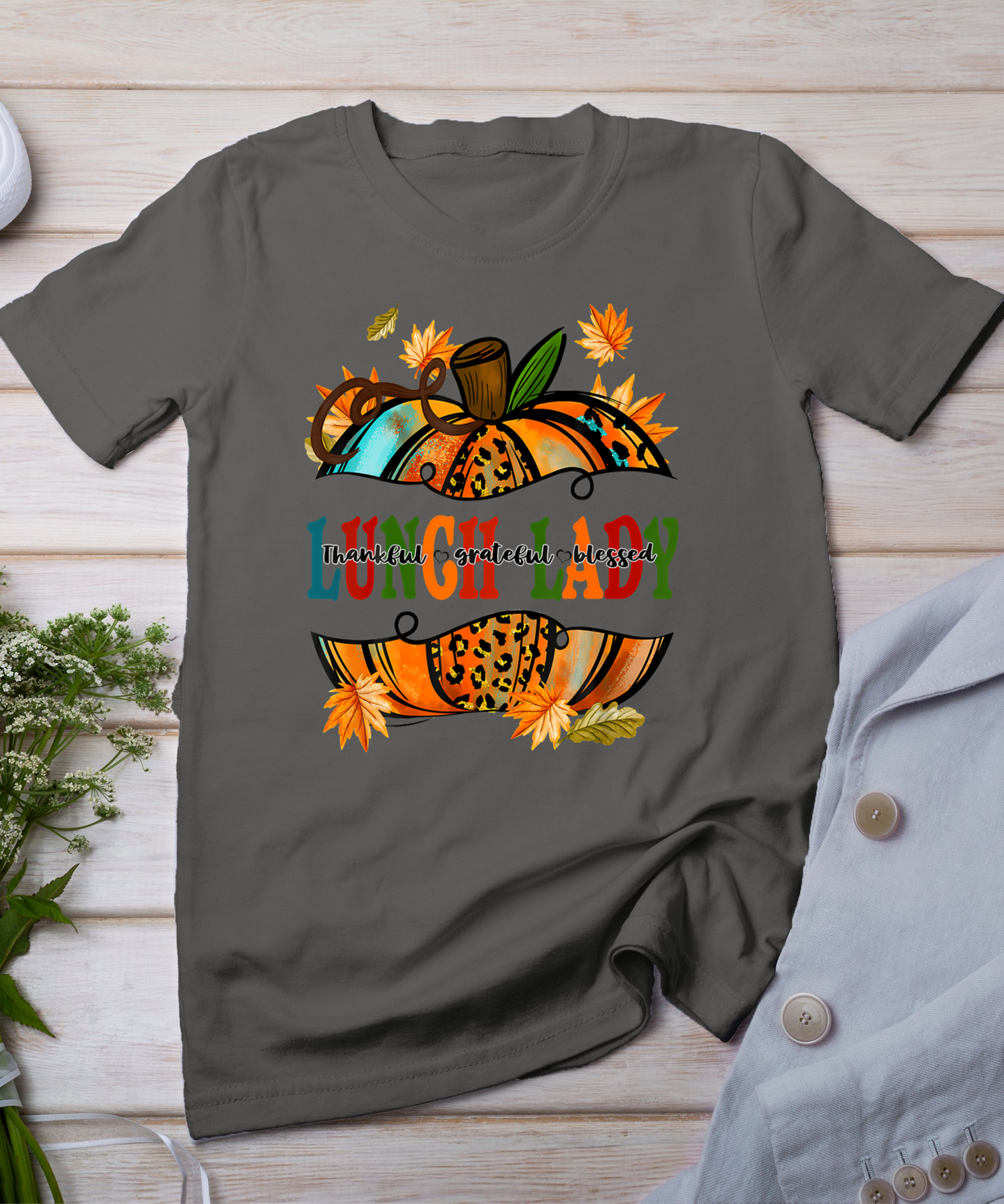 Leopard Pumpkin Fall Autumn Thanksgiving Lunch Lady Women T-Shirt