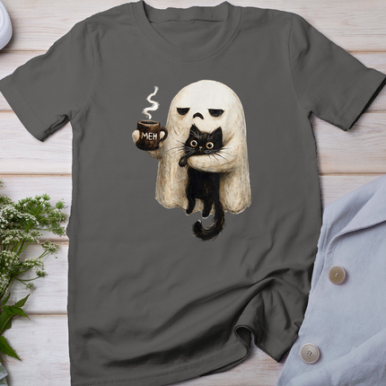 Retro Funny Boo JEE Ghost Holding Black Cat Cozy Hot Latte T-Shirt