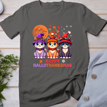 Halloween Thanksgiving Christmas Happy Hallothanksmas Cats T-Shirt