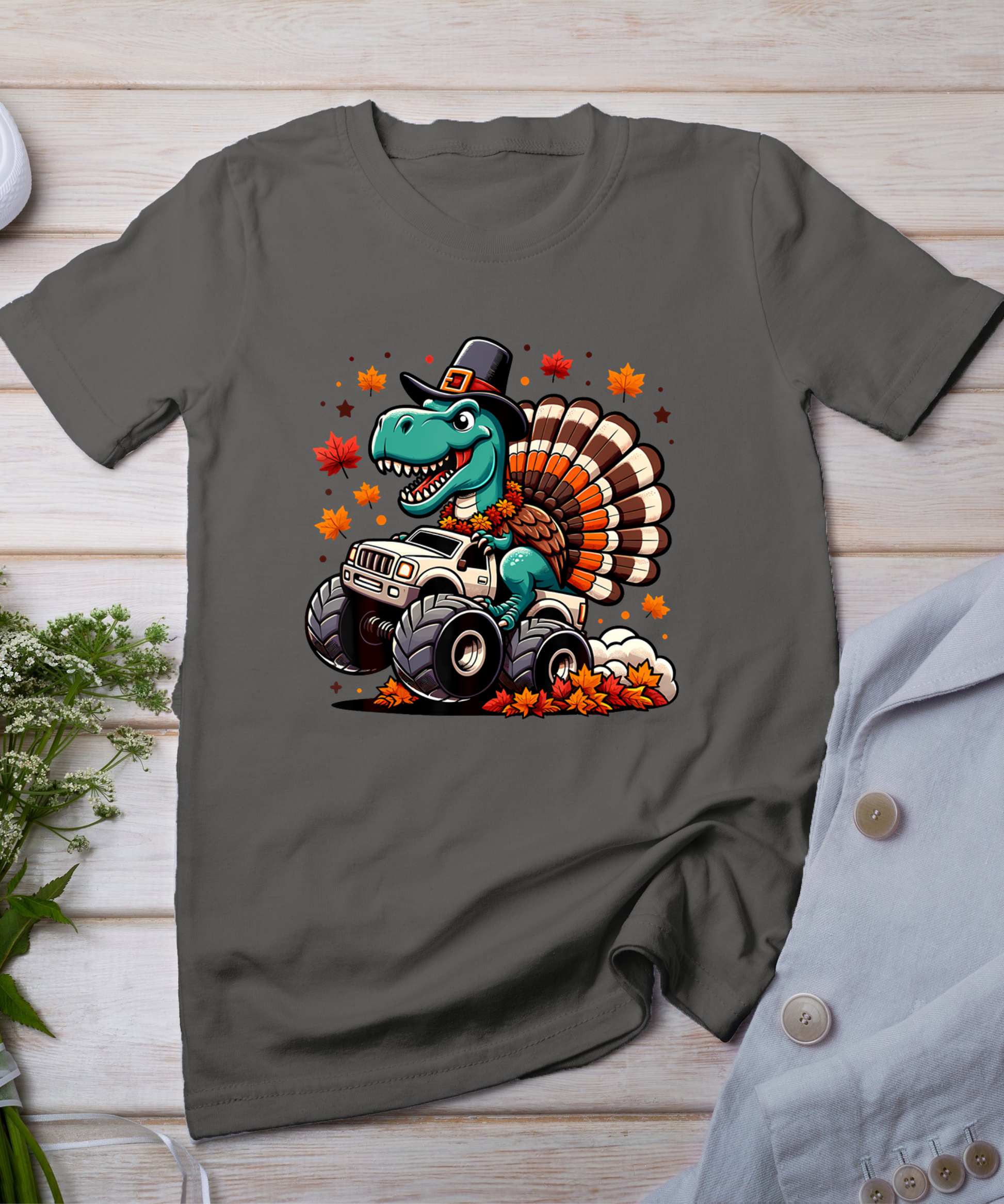 Thanksgiving Shirts Boys Kids Dinosaur T Rex Monster Truck T-Shirt