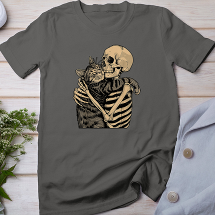 Skeleton Hugging Cat Halloween Cat Lover Cat Mom Dad T-Shirt