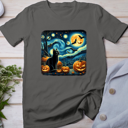 Van Gogh Starry Night Black Cat Halloween Pumpkin Cat Lover T-Shirt