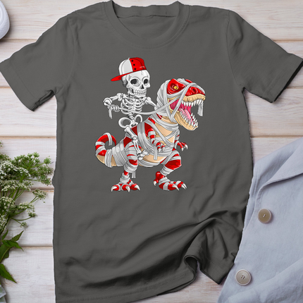 Funny Skeleton Cap Riding Mummy Dinosaur Halloween T-Shirt
