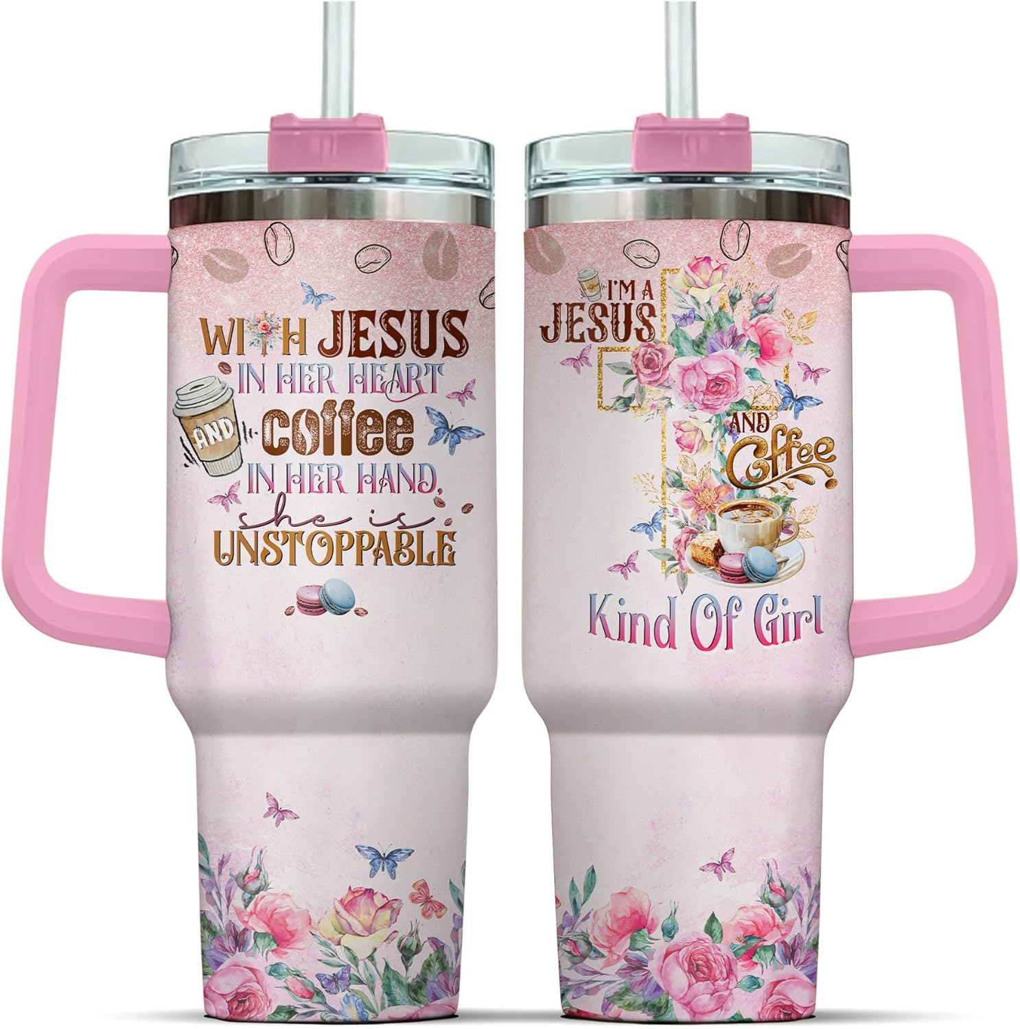 Insulated Handle Men Primrose Flower Camelia Butterfly Religious Women Yellow Simple Tumblers, Christian Gifts, Tumbler 40 Oz With Handle Lid And Straw, Jesus And Coffee Floral