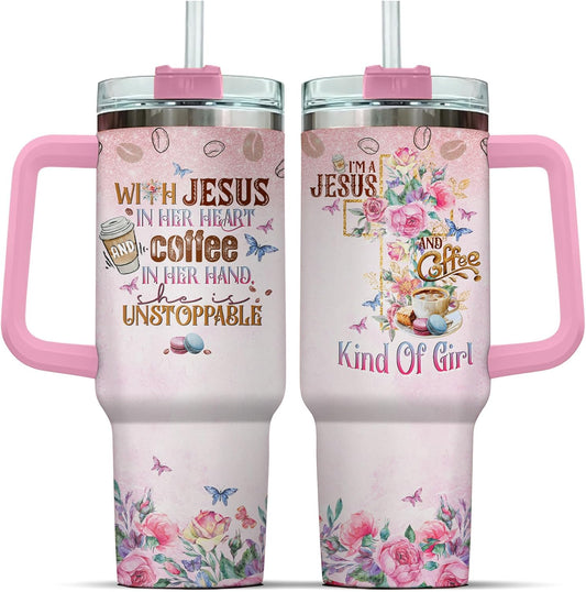 Insulated Handle Men Primrose Flower Camelia Butterfly Religious Women Yellow Simple Tumblers, Christian Gifts, Tumbler 40 Oz With Handle Lid And Straw, Jesus And Coffee Floral