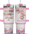 Insulated Handle Men Primrose Flower Camelia Butterfly Religious Women Yellow Simple Tumblers, Christian Gifts, Tumbler 40 Oz With Handle Lid And Straw, Jesus And Coffee Floral