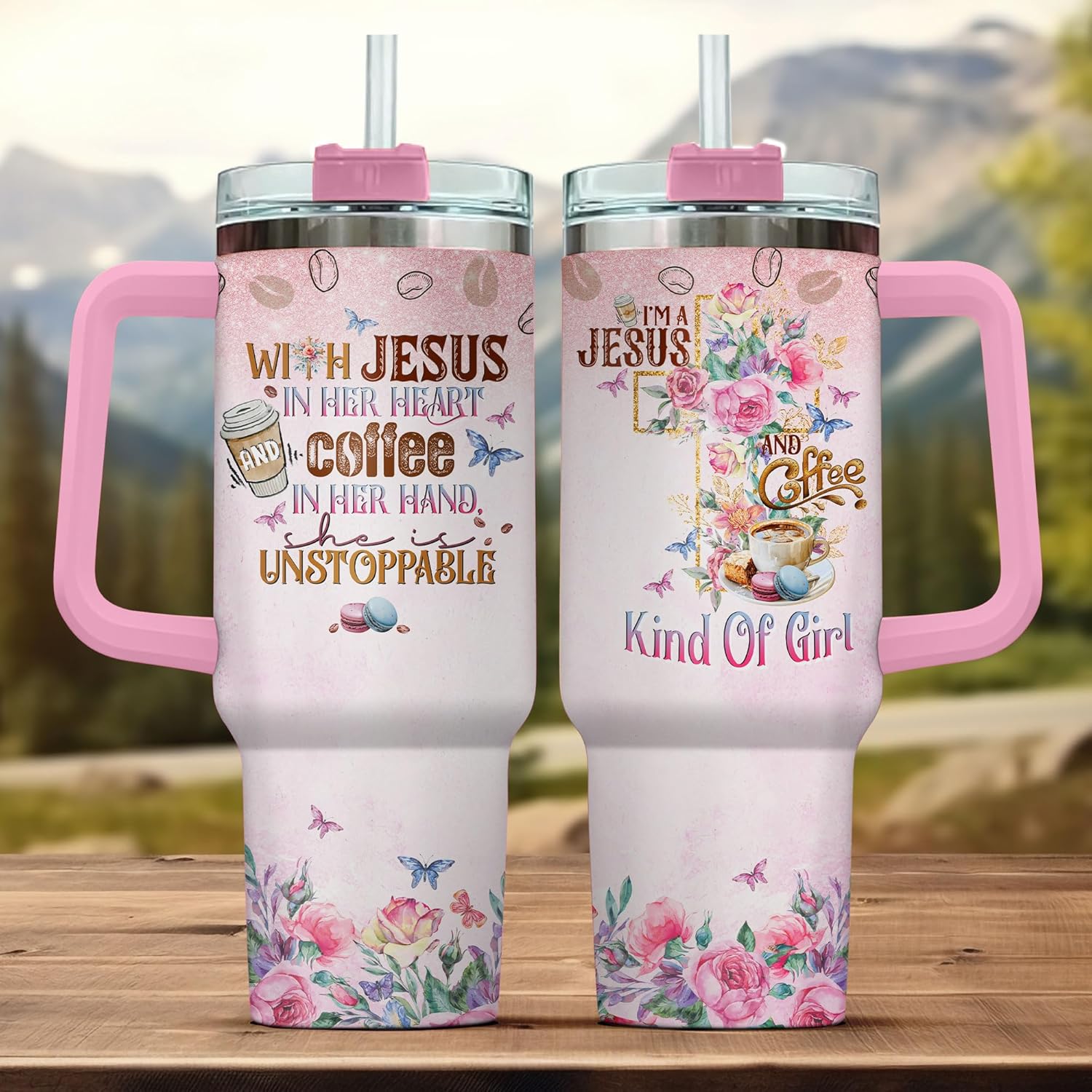 Insulated Handle Men Primrose Flower Camelia Butterfly Religious Women Yellow Simple Tumblers, Christian Gifts, Tumbler 40 Oz With Handle Lid And Straw, Jesus And Coffee Floral