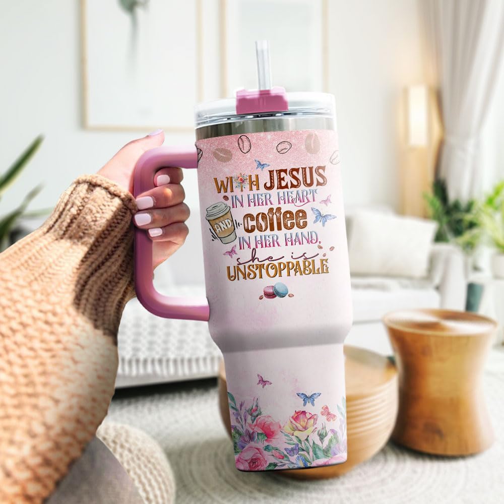 Insulated Handle Men Primrose Flower Camelia Butterfly Religious Women Yellow Simple Tumblers, Christian Gifts, Tumbler 40 Oz With Handle Lid And Straw, Jesus And Coffee Floral