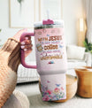 Insulated Handle Men Primrose Flower Camelia Butterfly Religious Women Yellow Simple Tumblers, Christian Gifts, Tumbler 40 Oz With Handle Lid And Straw, Jesus And Coffee Floral