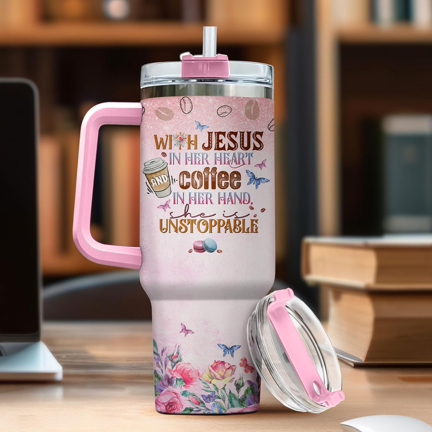 Insulated Handle Men Primrose Flower Camelia Butterfly Religious Women Yellow Simple Tumblers, Christian Gifts, Tumbler 40 Oz With Handle Lid And Straw, Jesus And Coffee Floral