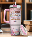 Insulated Handle Men Primrose Flower Camelia Butterfly Religious Women Yellow Simple Tumblers, Christian Gifts, Tumbler 40 Oz With Handle Lid And Straw, Jesus And Coffee Floral