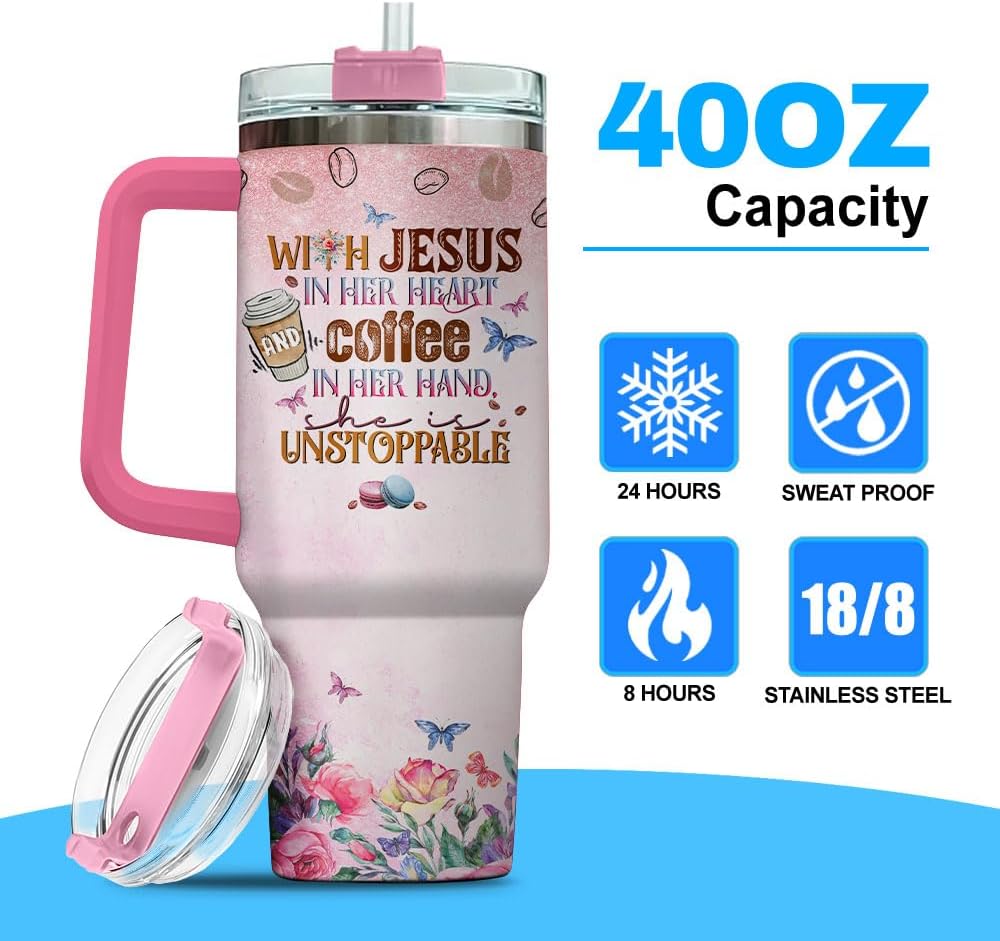 Insulated Handle Men Primrose Flower Camelia Butterfly Religious Women Yellow Simple Tumblers, Christian Gifts, Tumbler 40 Oz With Handle Lid And Straw, Jesus And Coffee Floral