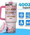 Insulated Handle Men Primrose Flower Camelia Butterfly Religious Women Yellow Simple Tumblers, Christian Gifts, Tumbler 40 Oz With Handle Lid And Straw, Jesus And Coffee Floral