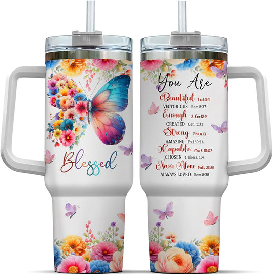 Insulated Handle Steel Floral Yellow Stainless Quartz Coffee Hot Modern Rose Red Camelia, Christian Gifts, Tumbler 40 Oz With Handle Lid And Straw, Butterfly Blessed Faith