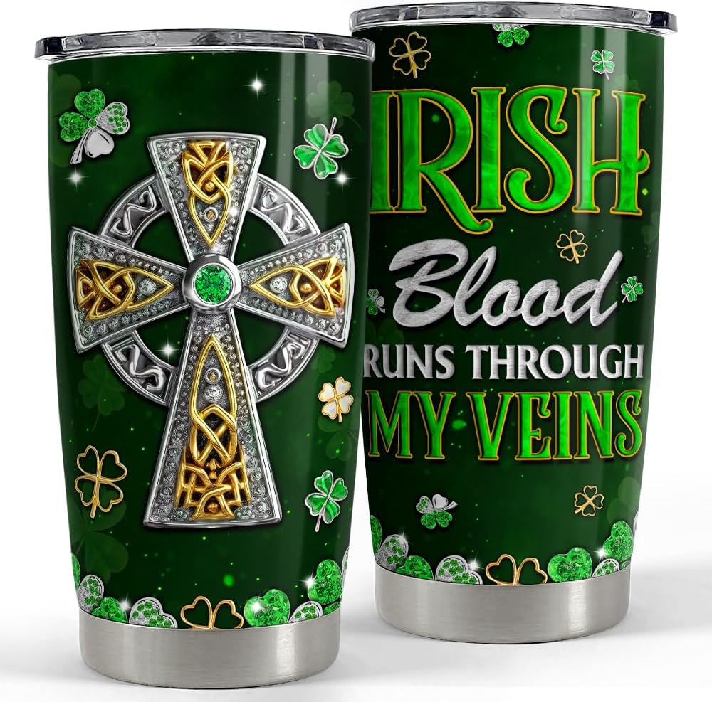 Irish Tumbler 20oz Celtic Cross Stainless Steel Tumbler with Lid Gift for Women Birthday Christmas