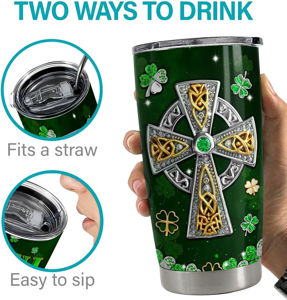 Irish Tumbler 20oz Celtic Cross Stainless Steel Tumbler with Lid Gift for Women Birthday Christmas