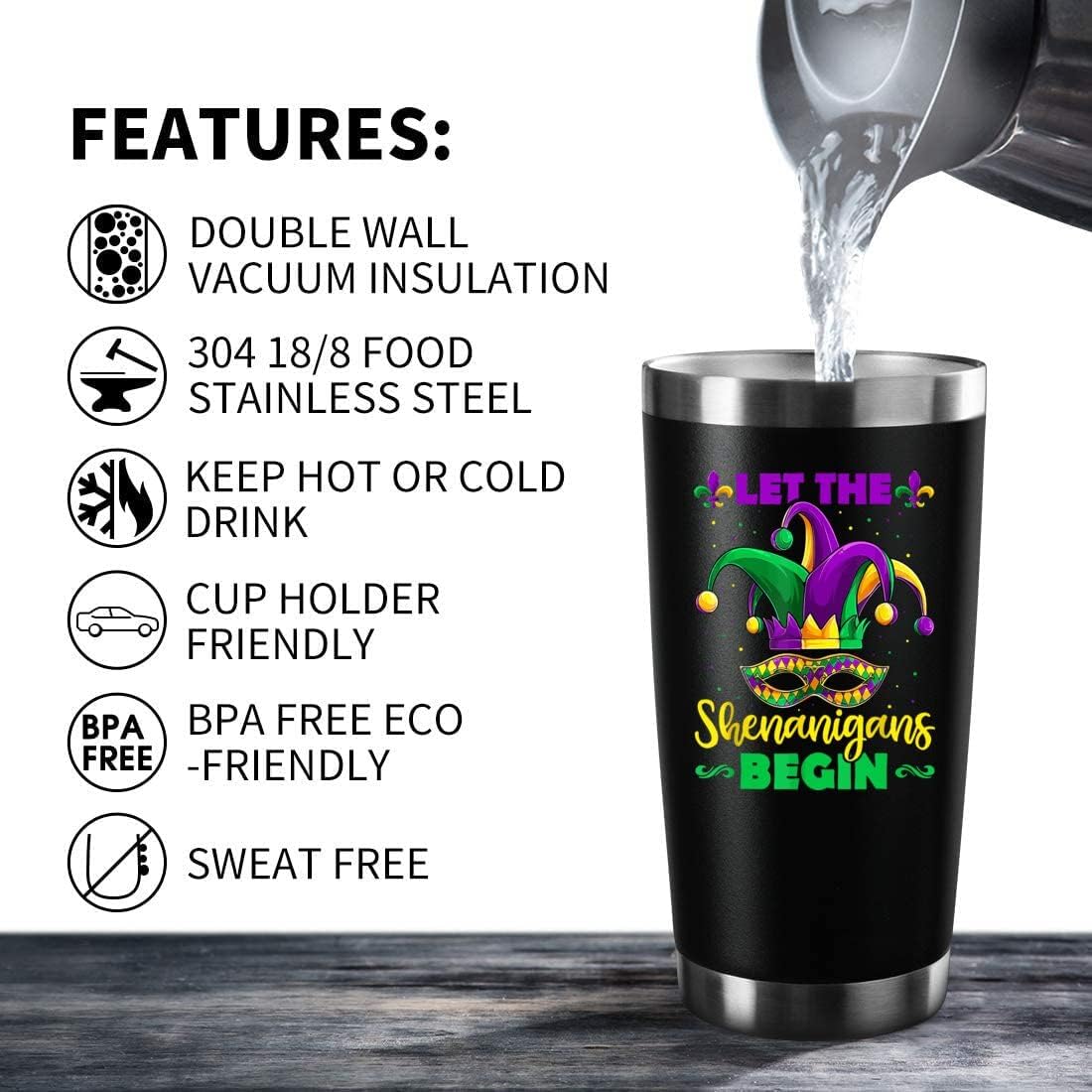 Let The Shenanigans Begin St Patricks Day Gifts - 20 oz Insulated Tumblers with Lid & Straw, Stainless Steel Lucky Coffee Tumbler Mardi Gras Mug, Hot and Iced Drink Use