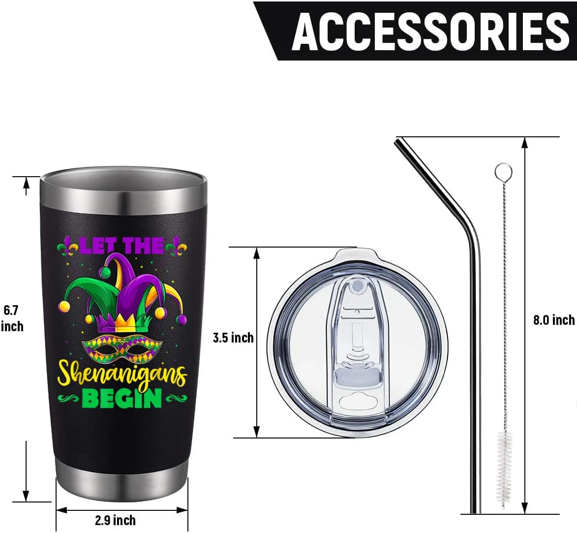 Let The Shenanigans Begin St Patricks Day Gifts - 20 oz Insulated Tumblers with Lid & Straw, Stainless Steel Lucky Coffee Tumbler Mardi Gras Mug, Hot and Iced Drink Use