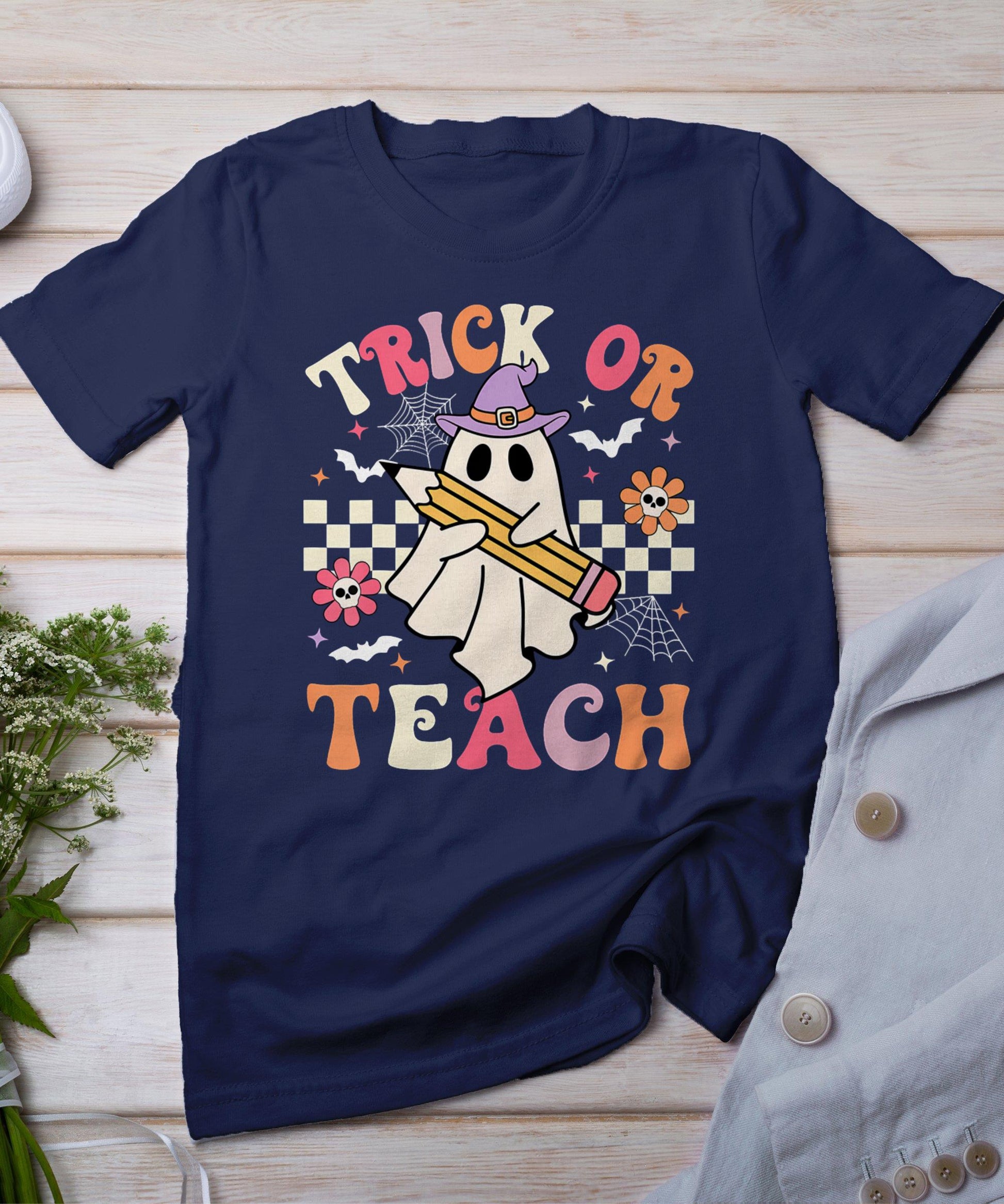 Trick Or Teach Groovy Teacher Halloween Retro Floral Ghost T-Shirt