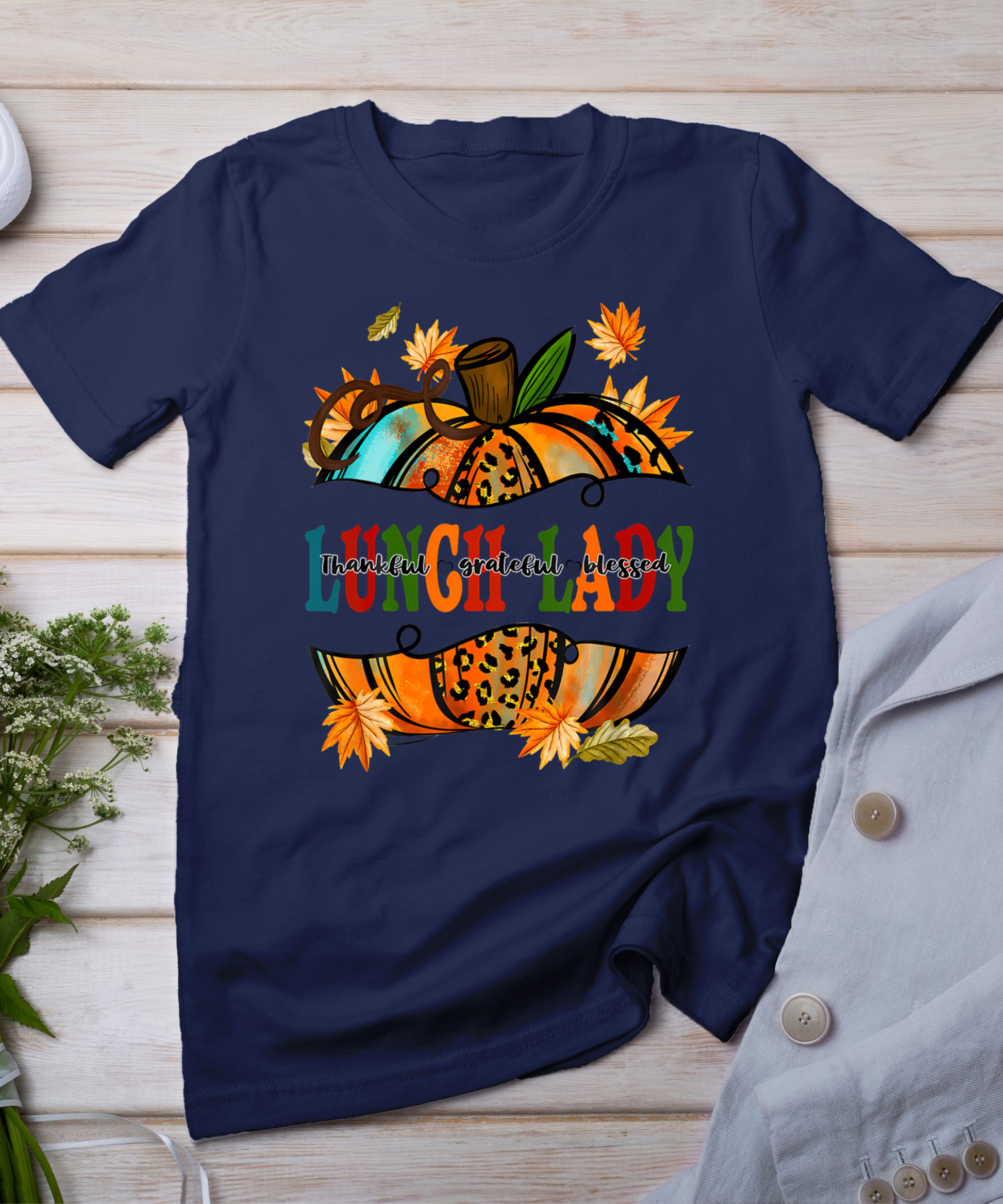 Leopard Pumpkin Fall Autumn Thanksgiving Lunch Lady Women T-Shirt