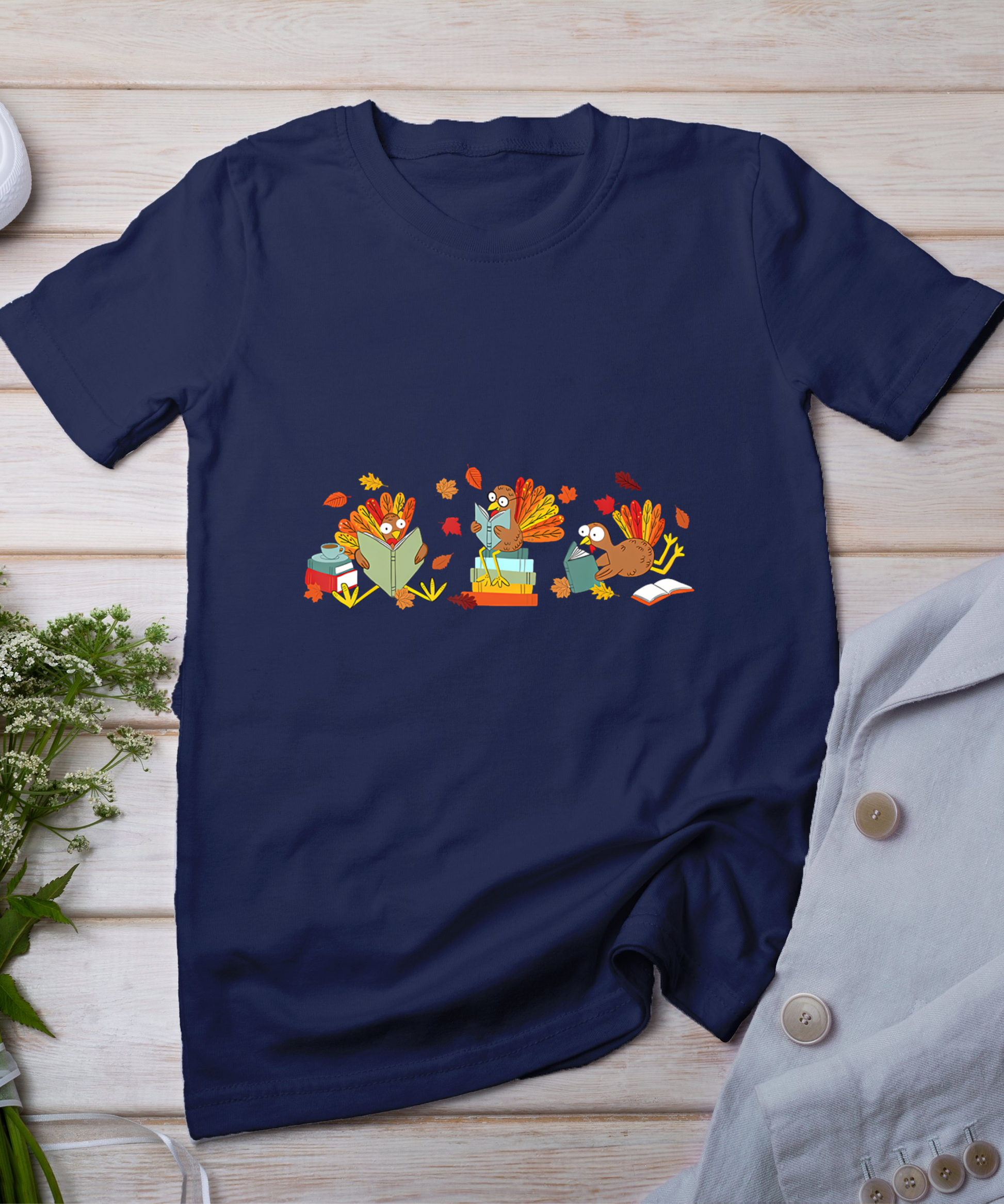 Turkey Reading Books Fall Thanksgiving Teacher Book Lovers T-Shirt