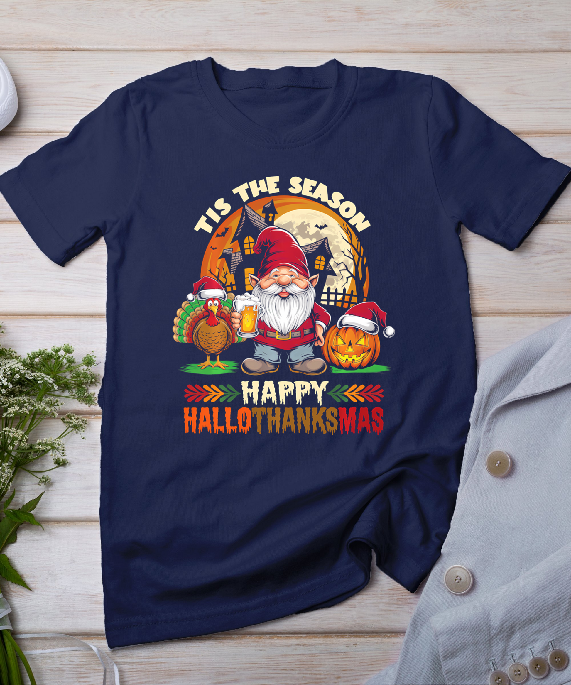 Happy Hallothanksmas Halloween Thanksgiving Merry Christmas T-Shirt