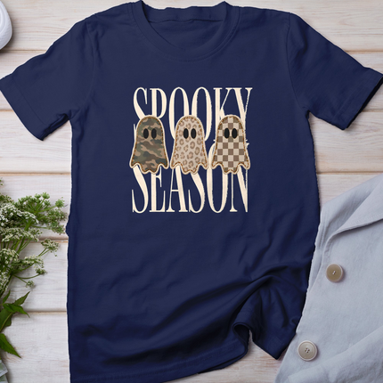 Spooky Season Leopard Camo Checkered Ghost Halloween Fall T-Shirt