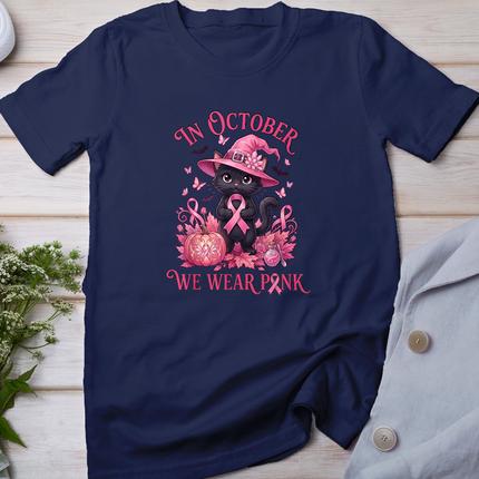 Halloween Witch Black Cat We Wear Pink Ribbon Breast Cancer T-Shirt